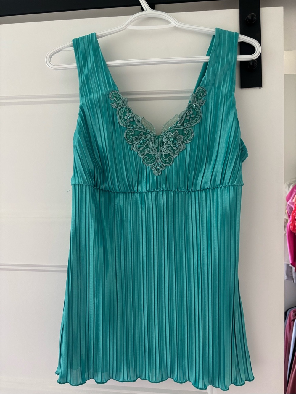 Le chateau Teal Pleated Camisole with Lace V-Neck